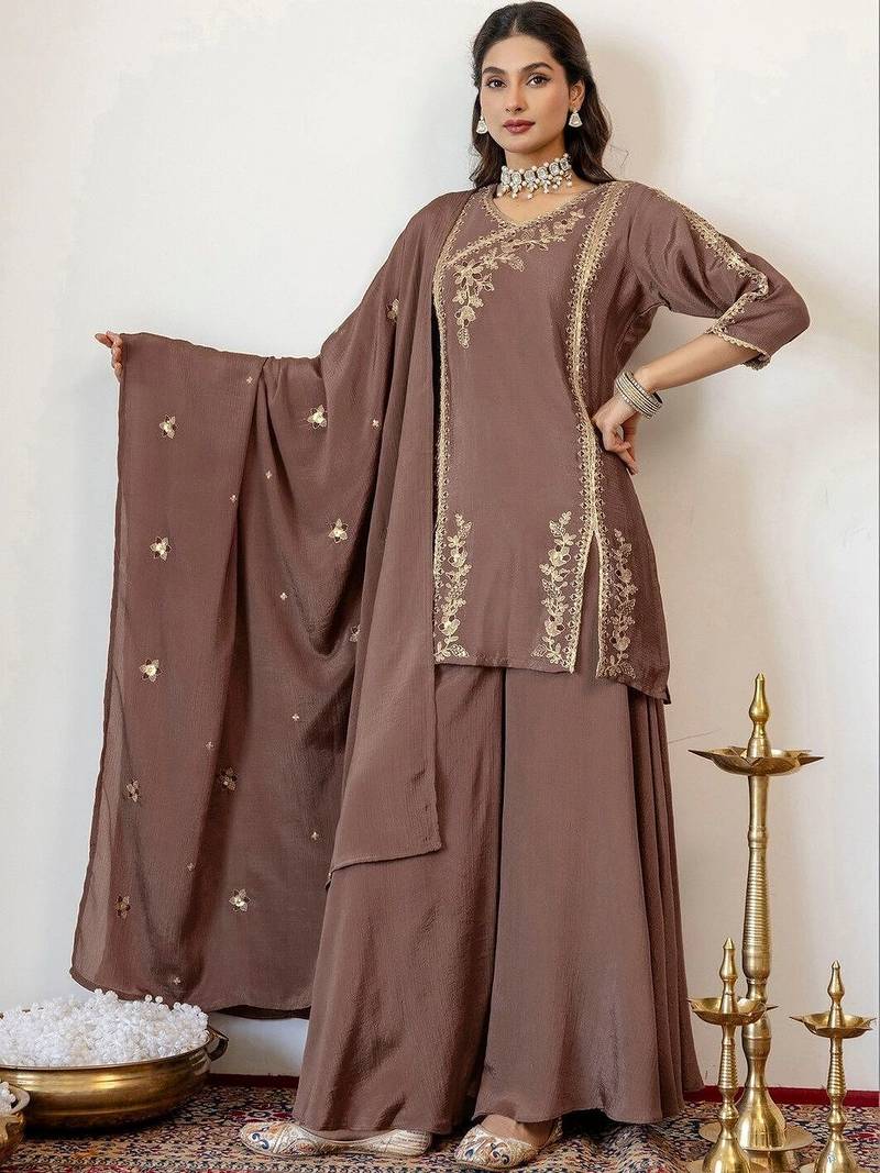 Women Ethnic Motifs Embroidered Regular Thread Work Kurta With Sharara & Dupatta