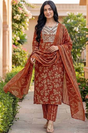 Women Ethnic Motifs Printed Regular Thread Work Kurta with Trousers & With Dupatta