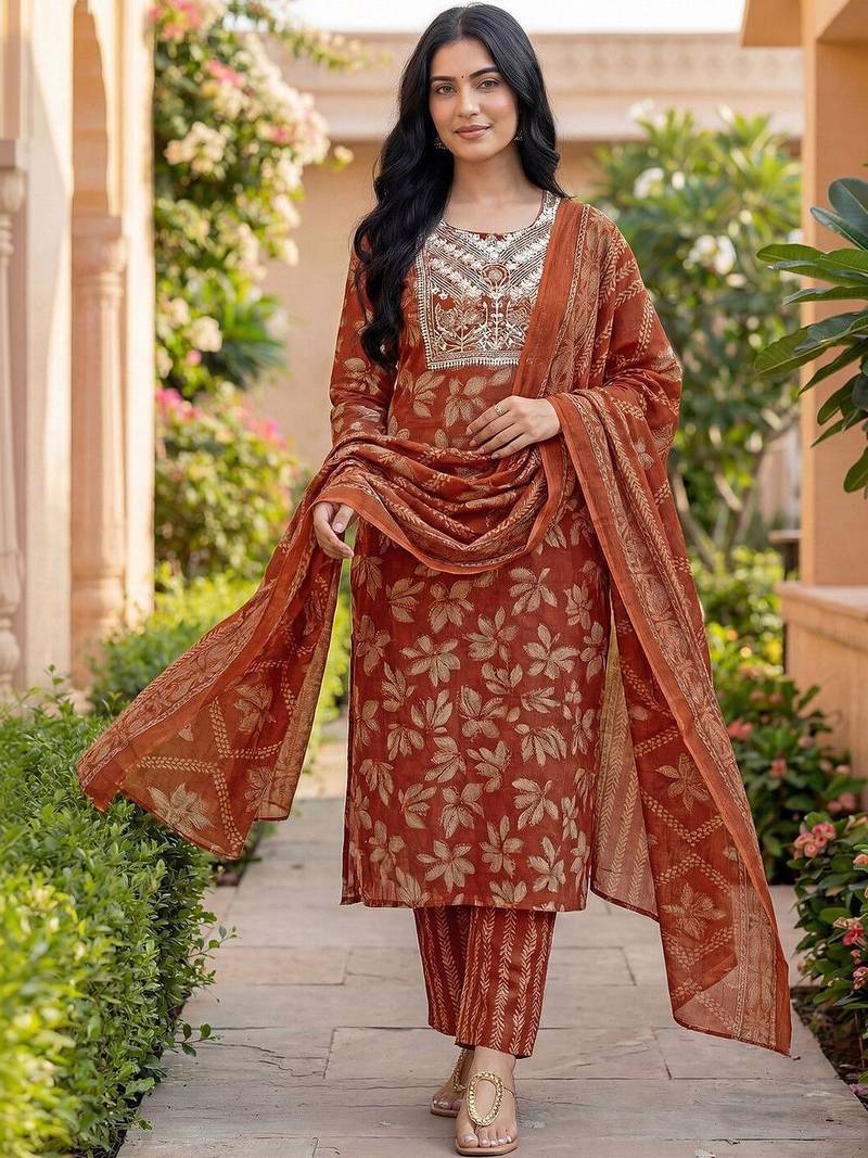 Women Ethnic Motifs Printed Regular Thread Work Kurta with Trousers & With Dupatta