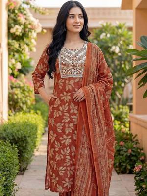 Women Ethnic Motifs Printed Regular Thread Work Kurta with Trousers & With Dupatta 2