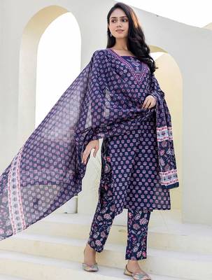 Floral Printed Notch Neck Sequinned Straight Kurta With Trouser & Dupatta 1
