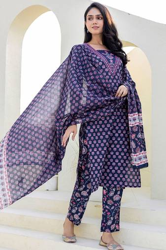 Floral Printed Notch Neck Sequinned Straight Kurta With Trouser & Dupatta