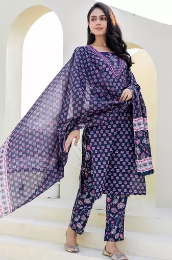 floral printed notch neck sequinned straight kurta with trouser & dupatta