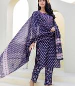 Floral Printed Notch Neck Sequinned Straight Kurta With Trouser & Dupatta