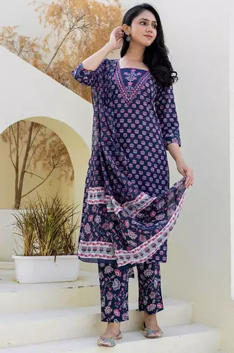 floral printed notch neck sequinned straight kurta with trouser & dupatta