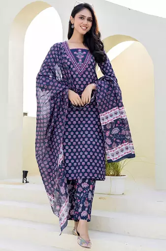 floral printed notch neck sequinned straight kurta with trouser & dupatta