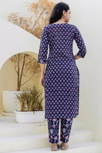 floral printed notch neck sequinned straight kurta with trouser & dupatta