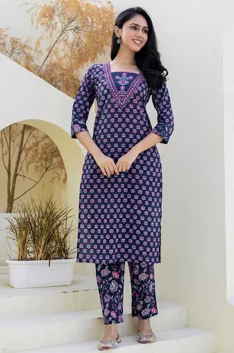 floral printed notch neck sequinned straight kurta with trouser & dupatta