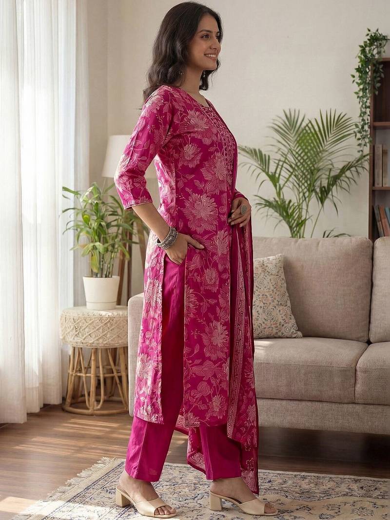 Women Floral Printed Regular Gotta Patti Kurta with Trousers & With Dupatta