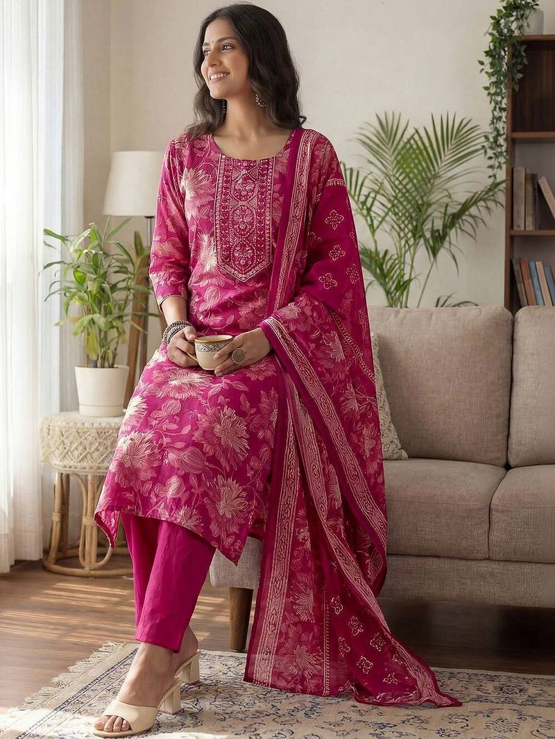 Women Floral Printed Regular Gotta Patti Kurta with Trousers & With Dupatta