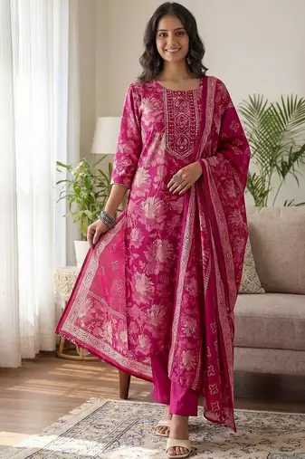 Women Floral Printed Regular Gotta Patti Kurta with Trousers & With Dupatta