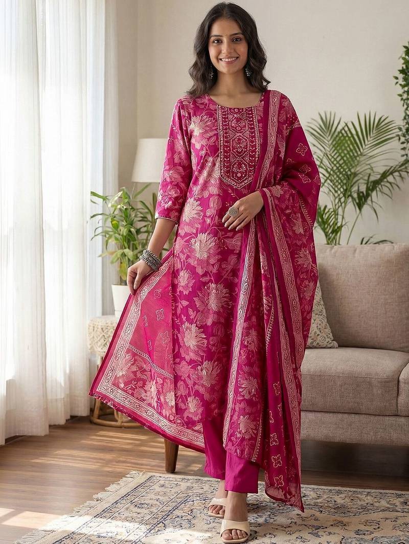 Women Floral Printed Regular Gotta Patti Kurta with Trousers & With Dupatta