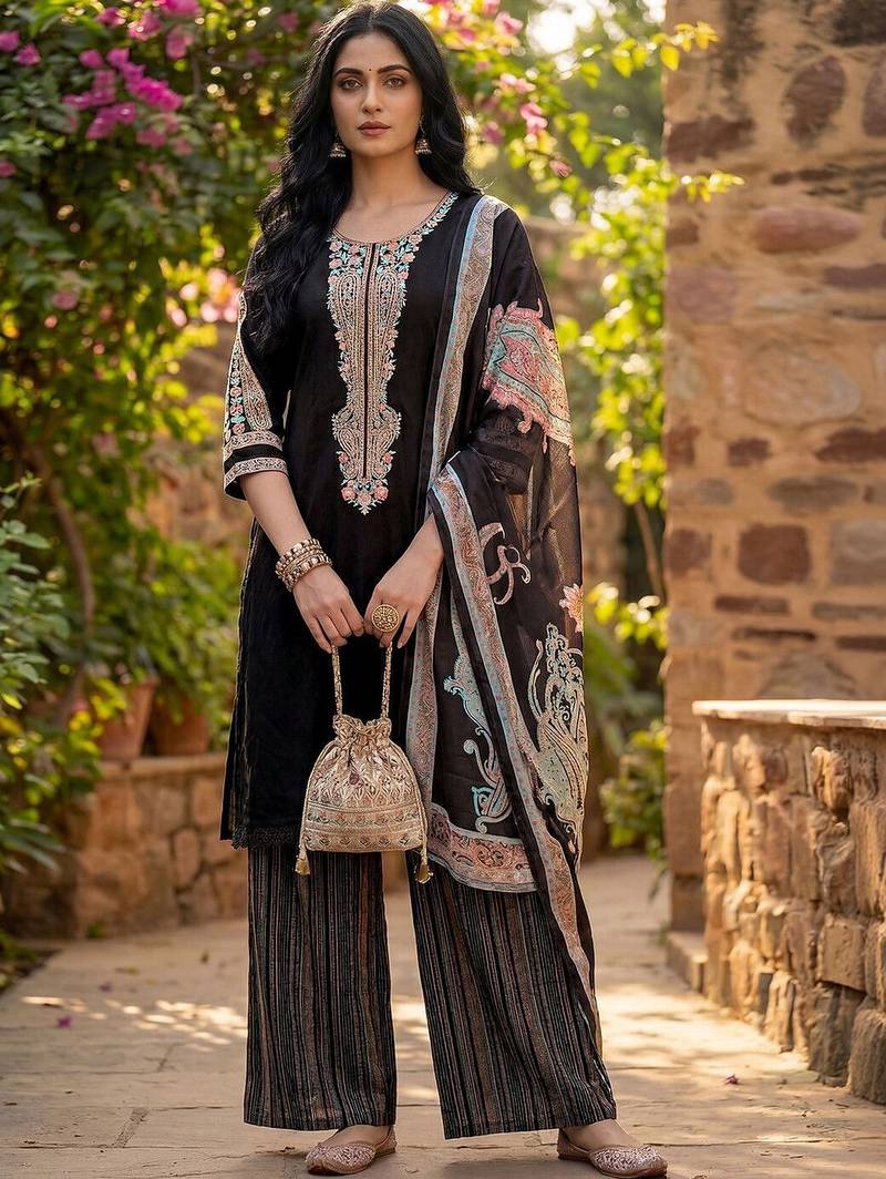 Women Ethnic Motifs Embroidered Regular Thread Work Kurta with Palazzos & With Dupatta