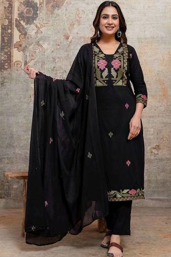 Women Floral Embroidered Regular Thread Work Kurta with Trousers & With Dupatta