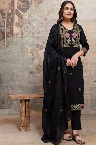 Women Floral Embroidered Regular Thread Work Kurta with Trousers & With Dupatta