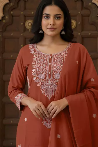 Women Ethnic Motifs Embroidered Regular Thread Work Kurta with Trousers & With Dupatta