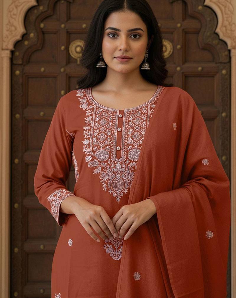 Women Ethnic Motifs Embroidered Regular Thread Work Kurta with Trousers & With Dupatta