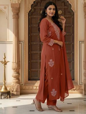 Women Ethnic Motifs Embroidered Regular Thread Work Kurta with Trousers & With Dupatta 4