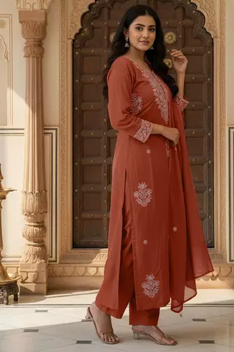 Women Ethnic Motifs Embroidered Regular Thread Work Kurta with Trousers & With Dupatta