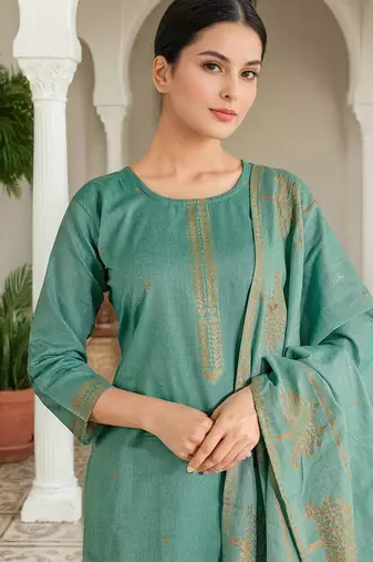 Floral Woven Design Straight Kurta With Trousers & Dupatta