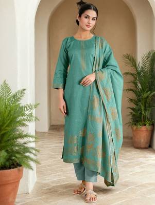Floral Woven Design Straight Kurta With Trousers & Dupatta 1