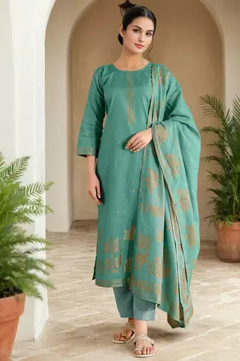 Floral Woven Design Straight Kurta With Trousers & Dupatta