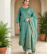 Floral Woven Design Straight Kurta With Trousers & Dupatta