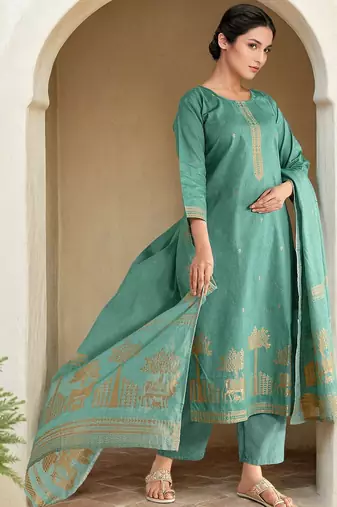 Floral Woven Design Straight Kurta With Trousers & Dupatta