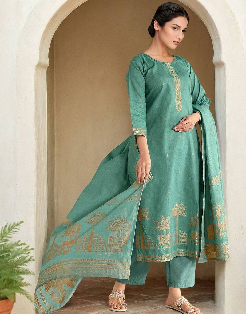 Floral Woven Design Straight Kurta With Trousers & Dupatta