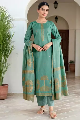Floral Woven Design Straight Kurta With Trousers & Dupatta