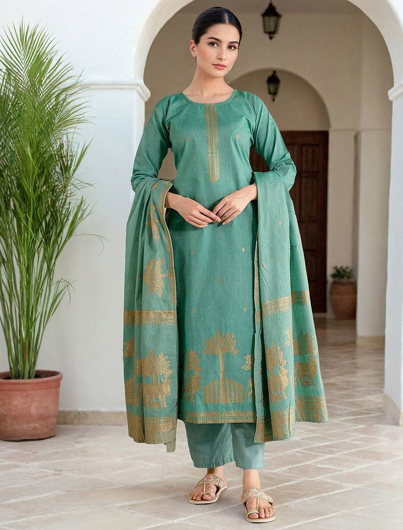 Floral Woven Design Straight Kurta With Trousers & Dupatta