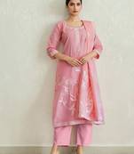 Women Pure Cotton Woven Design Straight Kurta Trousers With Dupatta