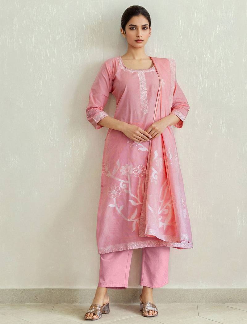 Women Pure Cotton Woven Design Straight Kurta Trousers With Dupatta