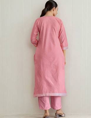 Women Pure Cotton Woven Design Straight Kurta Trousers With Dupatta 4