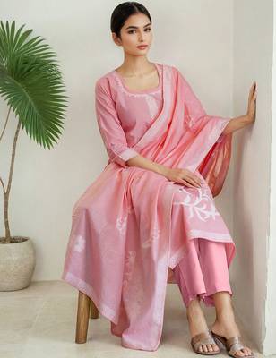Women Pure Cotton Woven Design Straight Kurta Trousers With Dupatta 5
