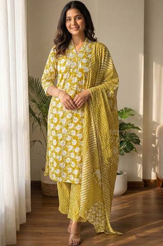 Women Floral Printed Regular Pure Cotton Kurta with Trousers & With Dupatta