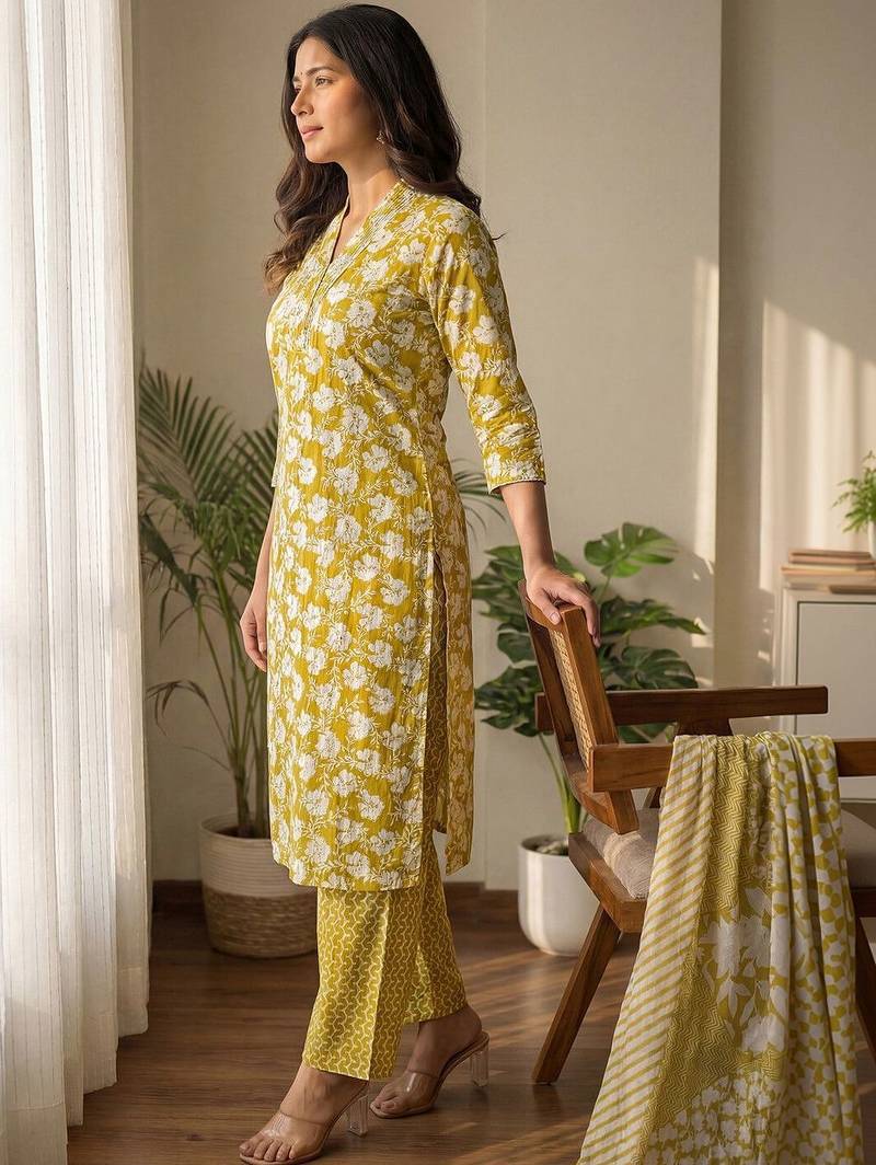 Women Floral Printed Regular Pure Cotton Kurta with Trousers & With Dupatta