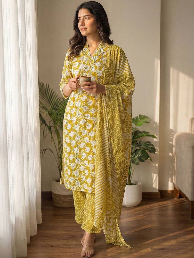 Women Floral Printed Regular Pure Cotton Kurta with Trousers & With Dupatta