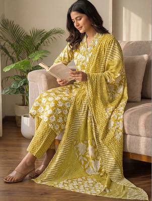 Women Floral Printed Regular Pure Cotton Kurta with Trousers & With Dupatta 7