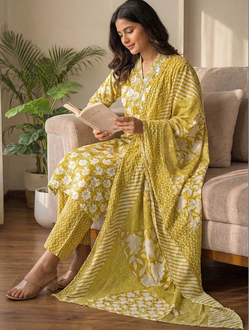 Women Floral Printed Regular Pure Cotton Kurta with Trousers & With Dupatta