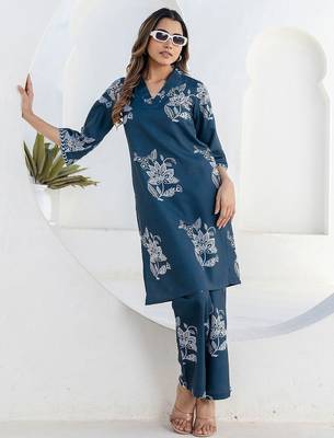 Printed Rama Blue Cotton Blend Co Ords for Women 1