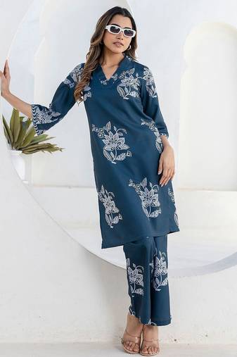 Printed Rama Blue Cotton Blend Co Ords for Women