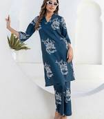 Printed Rama Blue Cotton Blend Co Ords for Women