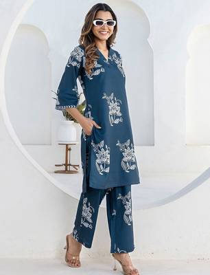 Printed Rama Blue Cotton Blend Co Ords for Women 4