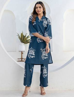 Printed Rama Blue Cotton Blend Co Ords for Women 6