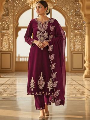 Women Embroidered Regular Velvet Kurta with Trousers & With Dupatta 1