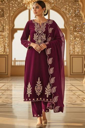 Women Embroidered Regular Velvet Kurta with Trousers & With Dupatta