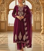 Women Embroidered Regular Velvet Kurta with Trousers & With Dupatta