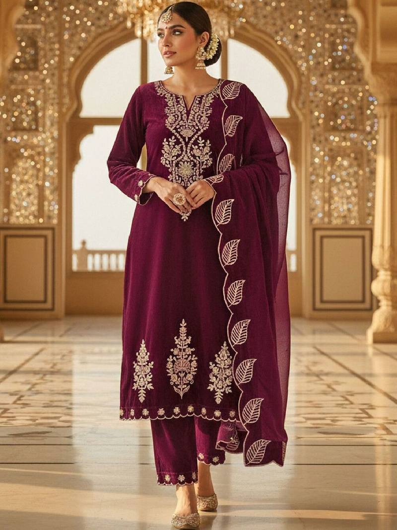 Women Embroidered Regular Velvet Kurta with Trousers & With Dupatta