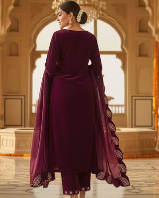Women Embroidered Regular Velvet Kurta with Trousers & With Dupatta 2